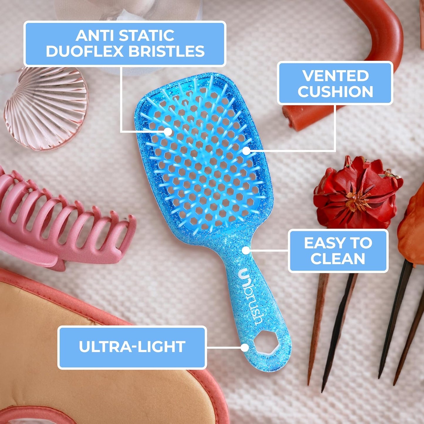 Jazmine Heat Unbrush Détanglant la brosse pour le brossage sans douleur sur tous les types de cheveux humides ou secs - Préplettes antistatiques duoflex durables, poignée légère, brosse à cheveux ventilée