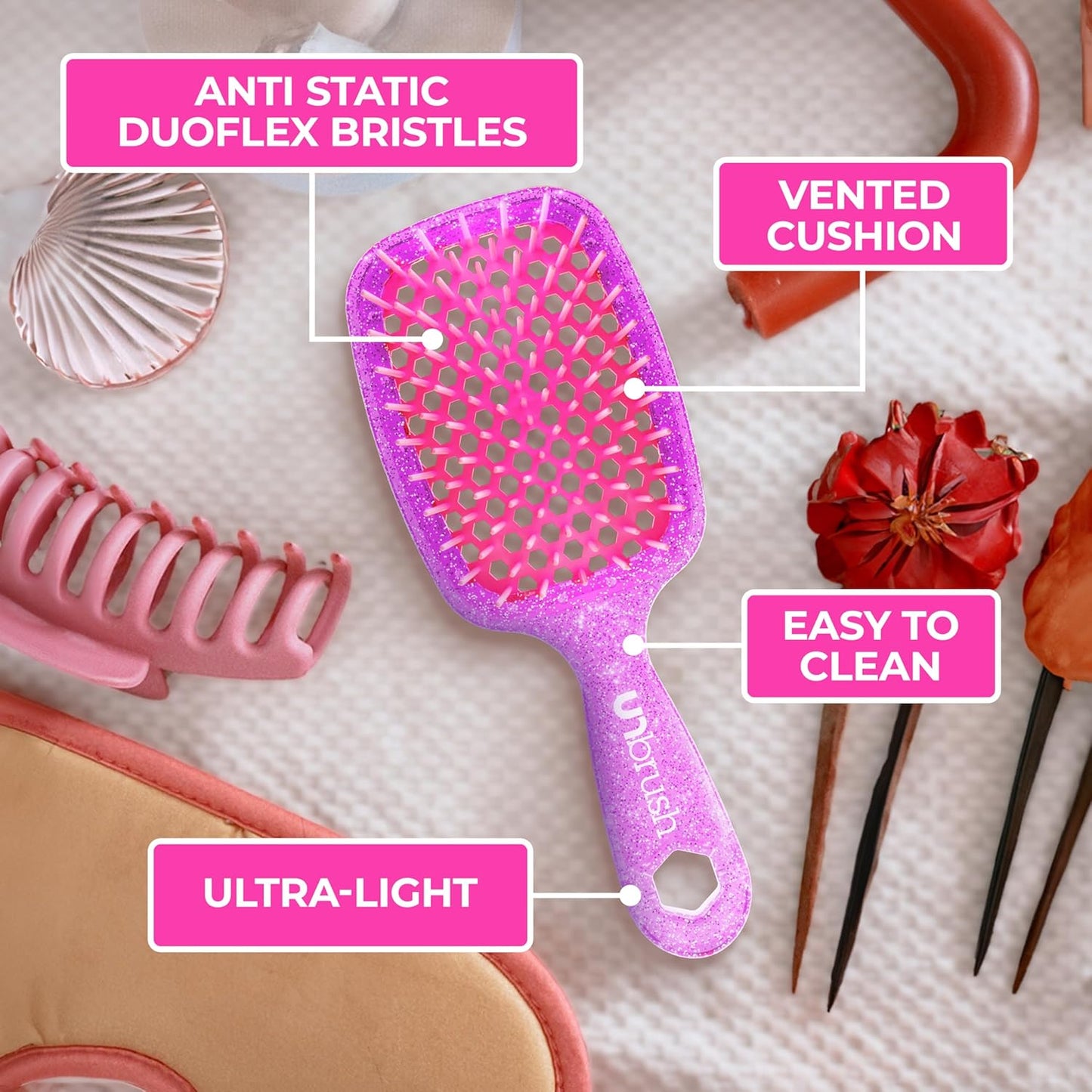 Jazmine Heat Unbrush Détanglant la brosse pour le brossage sans douleur sur tous les types de cheveux humides ou secs - Préplettes antistatiques duoflex durables, poignée légère, brosse à cheveux ventilée