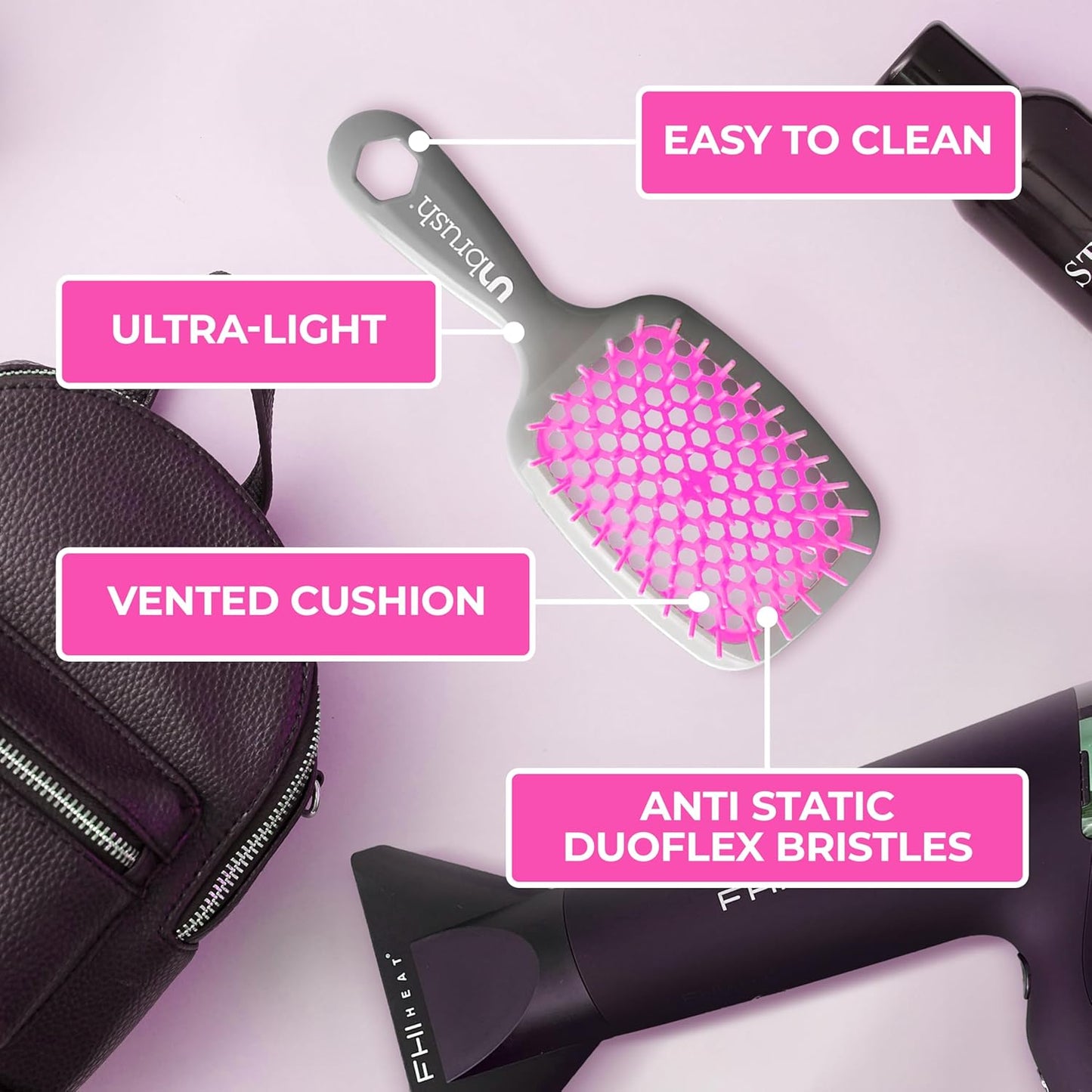 Jazmine Heat Unbrush Détanglant la brosse pour le brossage sans douleur sur tous les types de cheveux humides ou secs - Préplettes antistatiques duoflex durables, poignée légère, brosse à cheveux ventilée