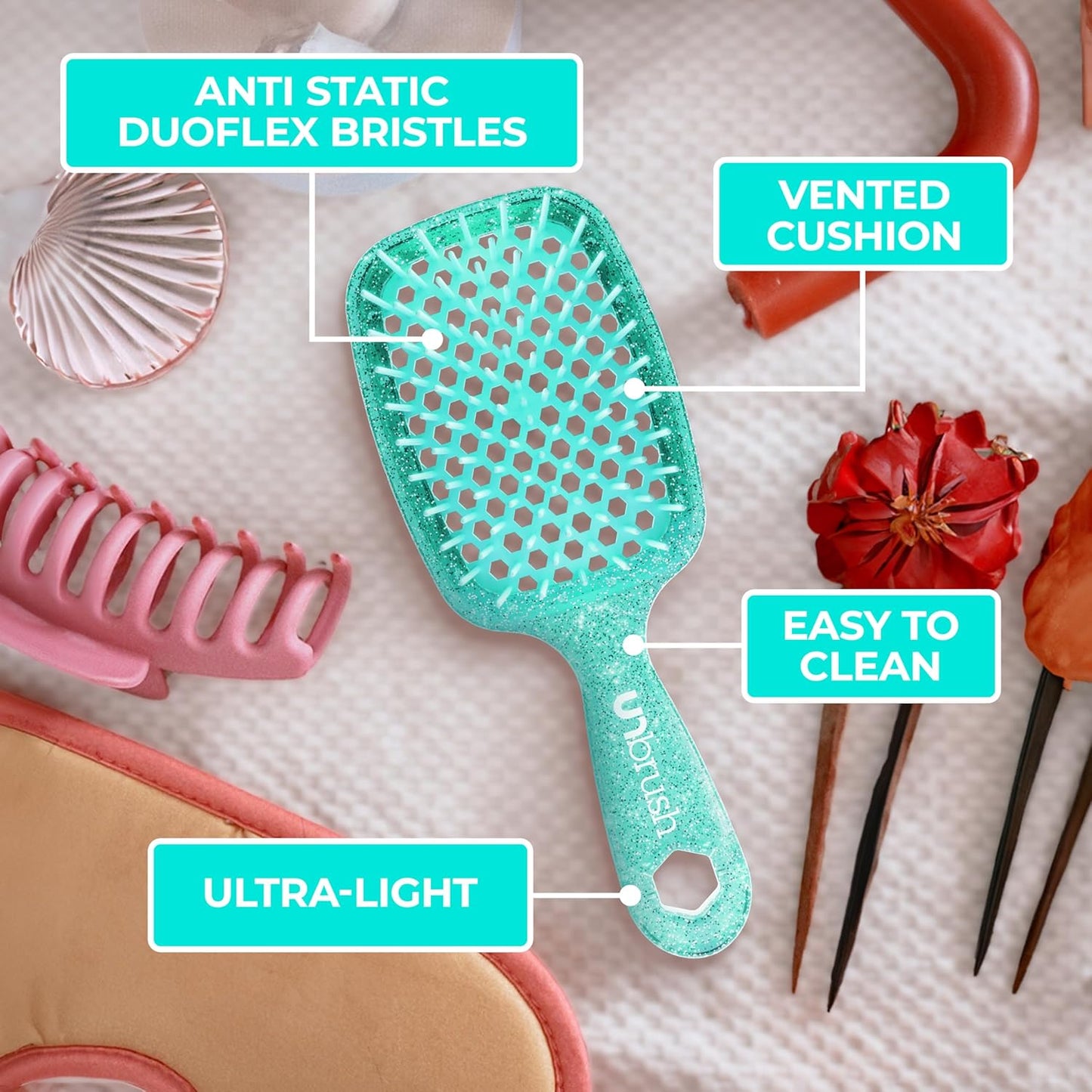 Jazmine Heat Unbrush Détanglant la brosse pour le brossage sans douleur sur tous les types de cheveux humides ou secs - Préplettes antistatiques duoflex durables, poignée légère, brosse à cheveux ventilée