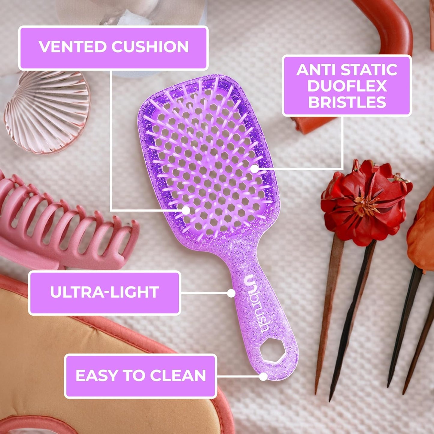 Jazmine Heat Unbrush Détanglant la brosse pour le brossage sans douleur sur tous les types de cheveux humides ou secs - Préplettes antistatiques duoflex durables, poignée légère, brosse à cheveux ventilée