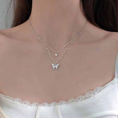 Collier de papillon à double couche - chaîne de clavicule brillante