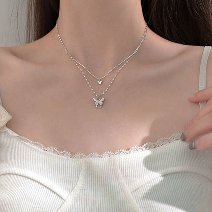 Collier de papillon à double couche - chaîne de clavicule brillante